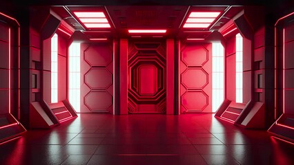 Empty light red studio room futuristic sci fi big hall room with lights red, future background for design