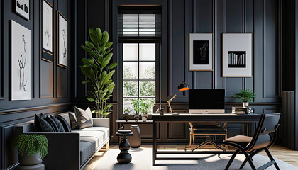 Modern black style interior design idea. Living room. Concept for designers and architects. Generative AI