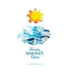 Wall Mural - Sun and sea watercolor object. Hello summer. happy summer time. Vector illustration