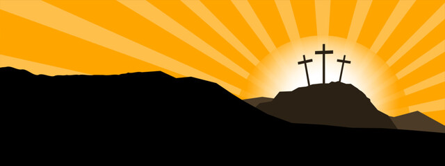 Wall Mural - Good friday Easter background panorama vector illustration - Silhouette of Crucifixion of Jesus Christ in Golgota / Golgotha jerusalem israel, with sunrise sunbeams and three crucefix crosses