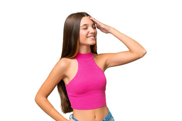 Poster - Teenager caucasian girl over isolated background smiling a lot