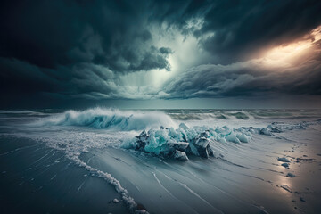  Ocean and sky, waves splashing at the frozen beach. Northern atmosphere, leaking lights, frozen beach and stormy weather