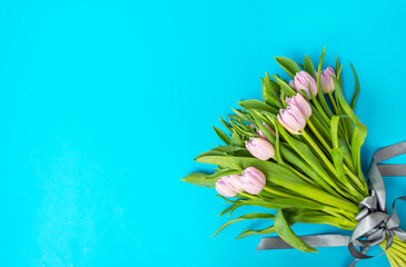 Wall Mural - Bouquet of tulips on blue background. Copy space.