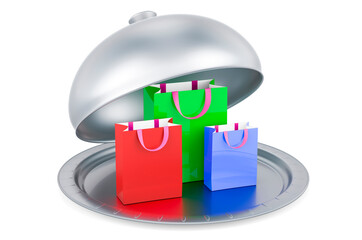 Canvas Print - Restaurant cloche with shopping bag, 3D rendering