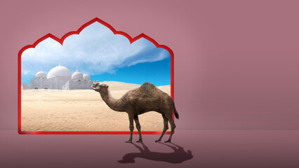 Sticker - Camel crossing the desert with mosque