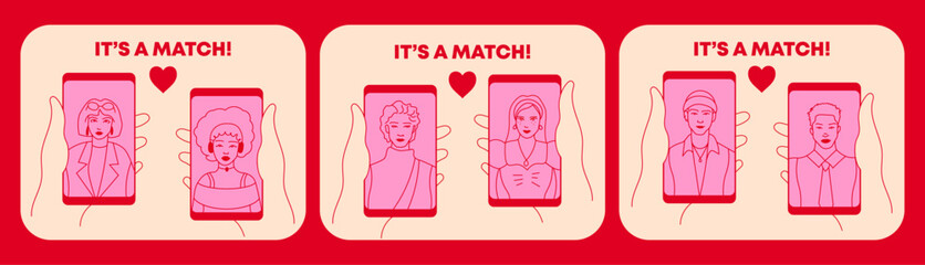 Online dating mobile app set. It's a match. Young man and woman searching for love with a Mobile phone application. Cartoon retro Doodle style vector illustration
