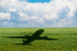 Shadow of the plane on the agricultural field. Concept of decarbonization and biofuel	