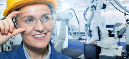 Wall Mural - Portrait of woman engineer in helmet and eyeglasses on a background of robots at smart factory