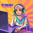 Muslim girl gamer or streamer in a hijab and a headset sits at a computer