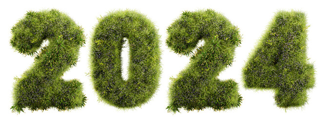3D render letters made of grass and flowers, 2024 banner isolated on white