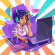 Asian girl gamer or streamer with with cat ears headset sits at a computer.