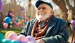 old men with disabilities sits in a wheelchair and smiles at the camera in a park filled with easter eggs and bunnies around, Generative AI
