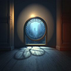 Wall Mural - Mosque window and crescent Ramadan Kareem , Generative Ai
