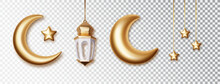 Islamic Design Elements Set For Month Of Ramadan. Symbols Of Ramadan Mubarak, Hanging Gold Lanterns, Arabic Lamps, Lanterns Moon, Star Isolated.