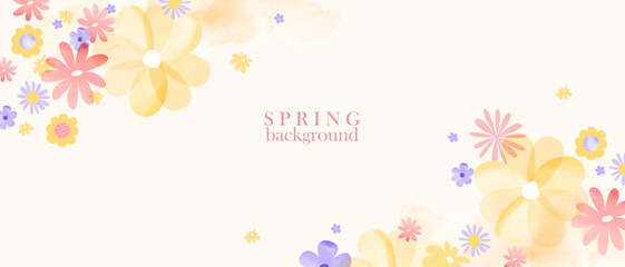 Wall Mural - Spring colorful abstract background. Simple flowers with watercolor texture.