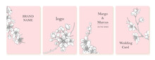 Set Of Spring Backgrouds With Sakura Branch. Cherry Blossoms. Design For Card, Wedding Invitation, Cover