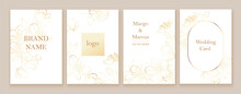 Set Of Spring Backgrouds With Sakura Flowers. Cherry Blossoms. Design For Card, Wedding Invitation, Cover, Packaging, Cosmetics. White And Golden Colors.
