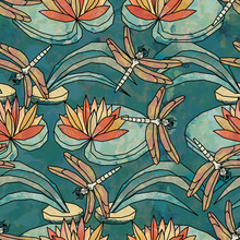 Seamless Pattern In Vintage Stained Glass Technique Style With A Pond, Water Lilies And Dragonflies