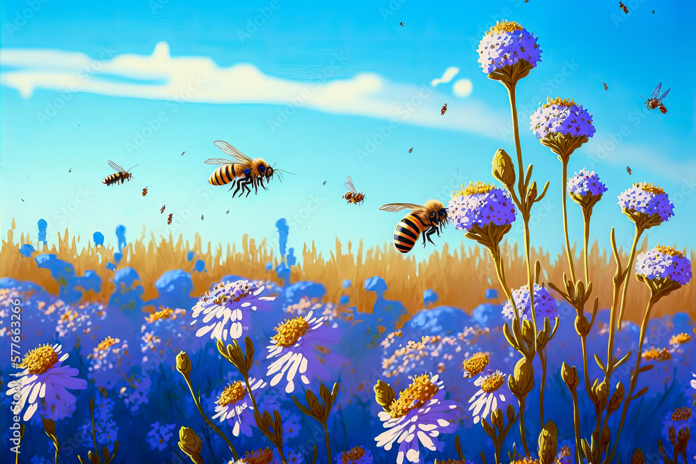 Fields of flowers in full bloom under a clear blue sky, with buzzing ...