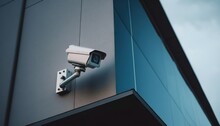 Security Camera On The Corner Of A Modern Building. Based On Generative AI