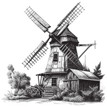 Hand Drawn Engraving Pen And Ink Windmill Vintage Vector Illustration
