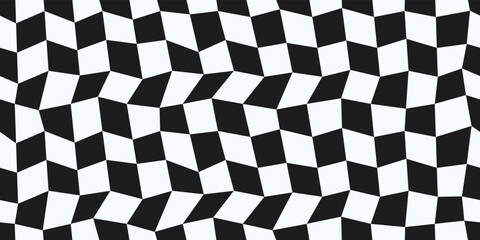 Fototapete - Curved checkerboard pattern. Seamless vector pattern with chess irregular cells. Checkered curved racing flag. For print and interior decoration, seamless surfaces.