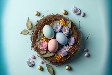 Wall Mural - Happy Easter concept with easter eggs in nest and spring flowers. Easter background with copy space. Generative AI