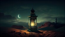 Arabic Lantern Of Ramadan Celebration Background Illustration. Copy Space Area Background. Generative AI