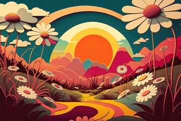 Abstract retro psychedelic fancy landscape with vibrant color fields, daisy flowers and sun .Generative ai.