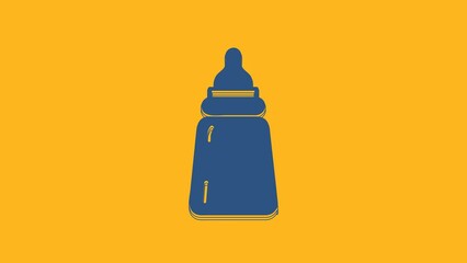 Wall Mural - Blue Baby bottle icon isolated on orange background. Feeding bottle icon. Milk bottle sign. 4K Video motion graphic animation