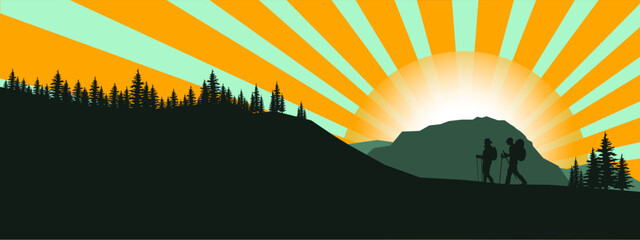 Wall Mural - Silhouette of hiker hiking man and woman in the mountains landscape panorama background, with cross and sunrise sunset sunbeams, illustration icon vector for logo hiking adventure