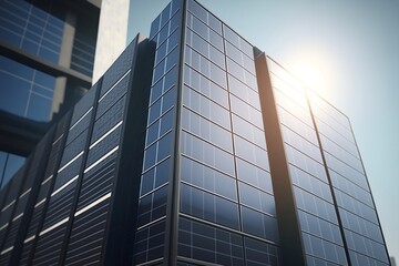 BIPV thin film solar panel on an urban high rise building on a sunny day. Generated by AI.