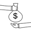 Illustration of people hand give US dollar money bag, black and white line drawing.