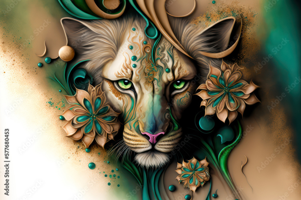 Generative AI illustration of lion's head portrait infused with floral ...
