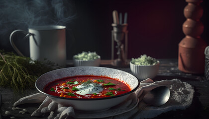 Wall Mural - Ukrainian sour soup borscht made with red beetroots as one of the main ingredients