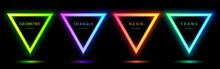 Blue, Red-purple, Green Illuminate Neon Light Triangles Frame. Abstract Cosmic Vibrant Colorful Border. Top View Futuristic Style. Set Of Geometric Glowing Neon Lighting Isolated On Black Background.