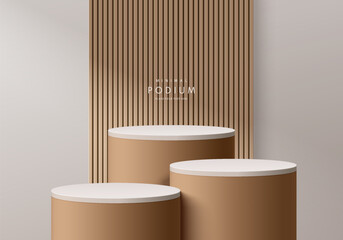 brown and white stand product podium set 3d background with vertical wood pattern scene. minimal wal