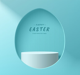 blue white stand product podium happy easter day 3d background in egg shape window. pastel minimal w