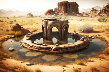 Wall Mural - large stone ancient cistern in middle of plateau, created with generative ai