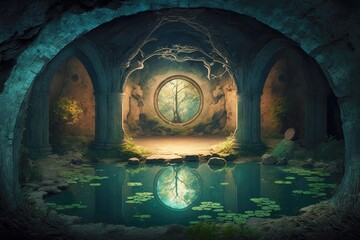 Wall Mural - secret underground ancient cistern cave with round roof, created with generative ai