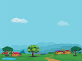 Fototapeta Natura - Village Background Illustration, village surrounded by mountains