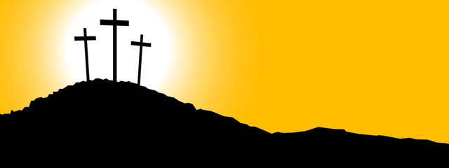 Wall Mural - Good friday Easter background panorama vector illustration - Silhouette of Crucifixion of Jesus Christ in Golgota / Golgotha jerusalem israel, with sunrise sunbeams and three crucifix crosses