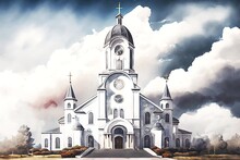 Church Building With White Arched Windows And Bell Tower On Background Of Sky And Clouds, Created With Generative Ai