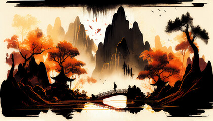 Wall Mural - Japanese mountain and river landscape painting - By Generative AI