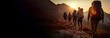 Banner group tourists walks in mountains at sunset. Ai generative.