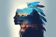 Native american silhouette, head morphing into mountains, landscape, feathers or totem animal, watercolor style, AI generative