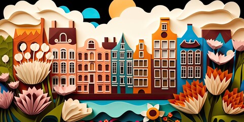 Netherlands, paper art collage, vibrant colors, layered color paper, travel wallpaper, AI generative