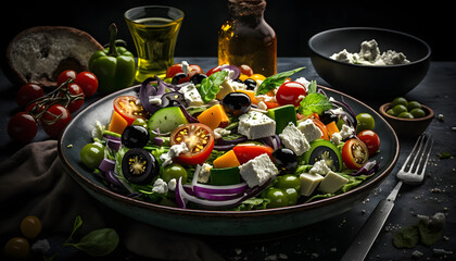 Wall Mural - Traditional Greek Salat with vegetables served on a plate with olives