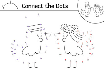Wall Mural - Vector dot-to-dot and color activity with cute just married birds couple. Wedding connect the dots game for children with animal bride and groom. Marriage ceremony coloring page for kids.