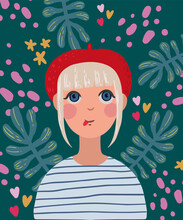 A  French Girl Wearing A Red Hat And A Striped Shirt On A Floral Background